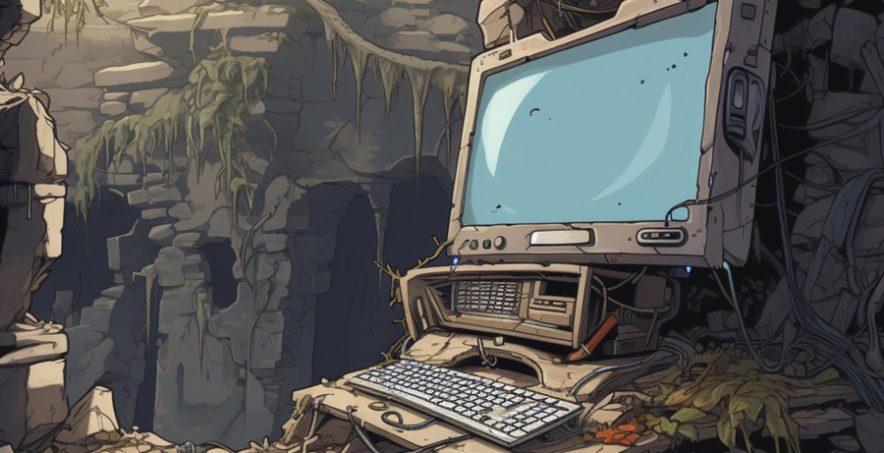 Illustration of a computer in a stone age setting