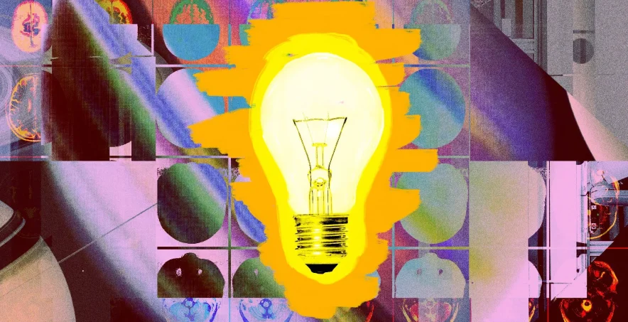 Illustration of a light bulb glowing in the foreground with various geometric shapes/silhouettes in the background.