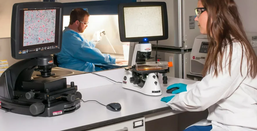 Person wearing a lab coat, goggles, and gloves looking at a screen atop a microscope.