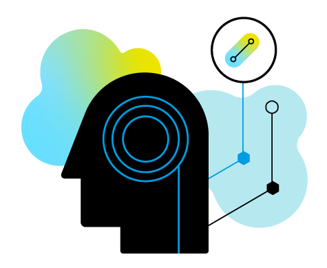 Jameel Clinic graphic illustration of head silhouette in front of clouds linked to a pill