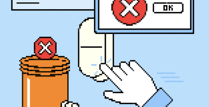 Illustration in a 64-bit style depicting a prescription pill bottle, a pill, and a mouse pointer with various circles with Xs.